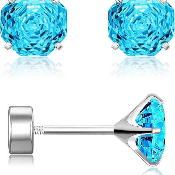 Blue hypoallergenic ASTM F136 Titanium screw-on stud earrings with rose cut cubi - Picture 1 of 5